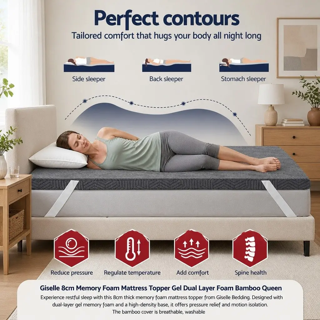 Memory Foam Mattress Topper for Queen Bed 8cm with Gel Dual Layer and Bamboo Cover