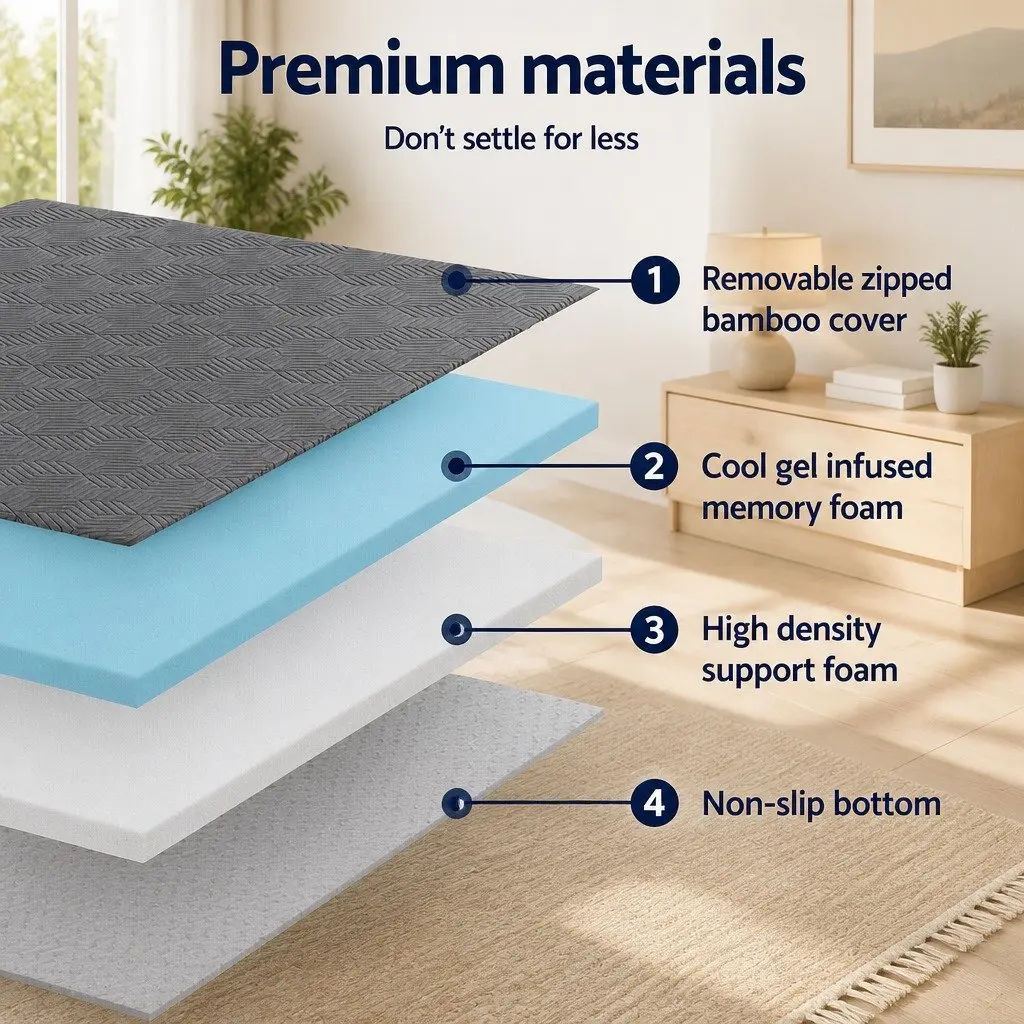 Memory Foam Mattress Topper for Queen Bed 8cm with Gel Dual Layer and Bamboo Cover