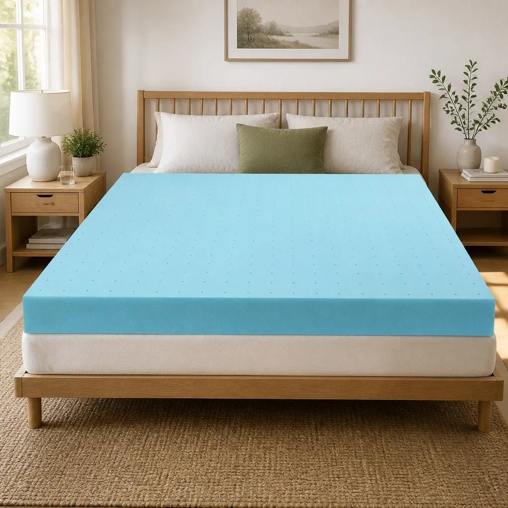 Memory Foam Mattress Topper 12cm Queen Ventilated Gel Bamboo Cover Blue