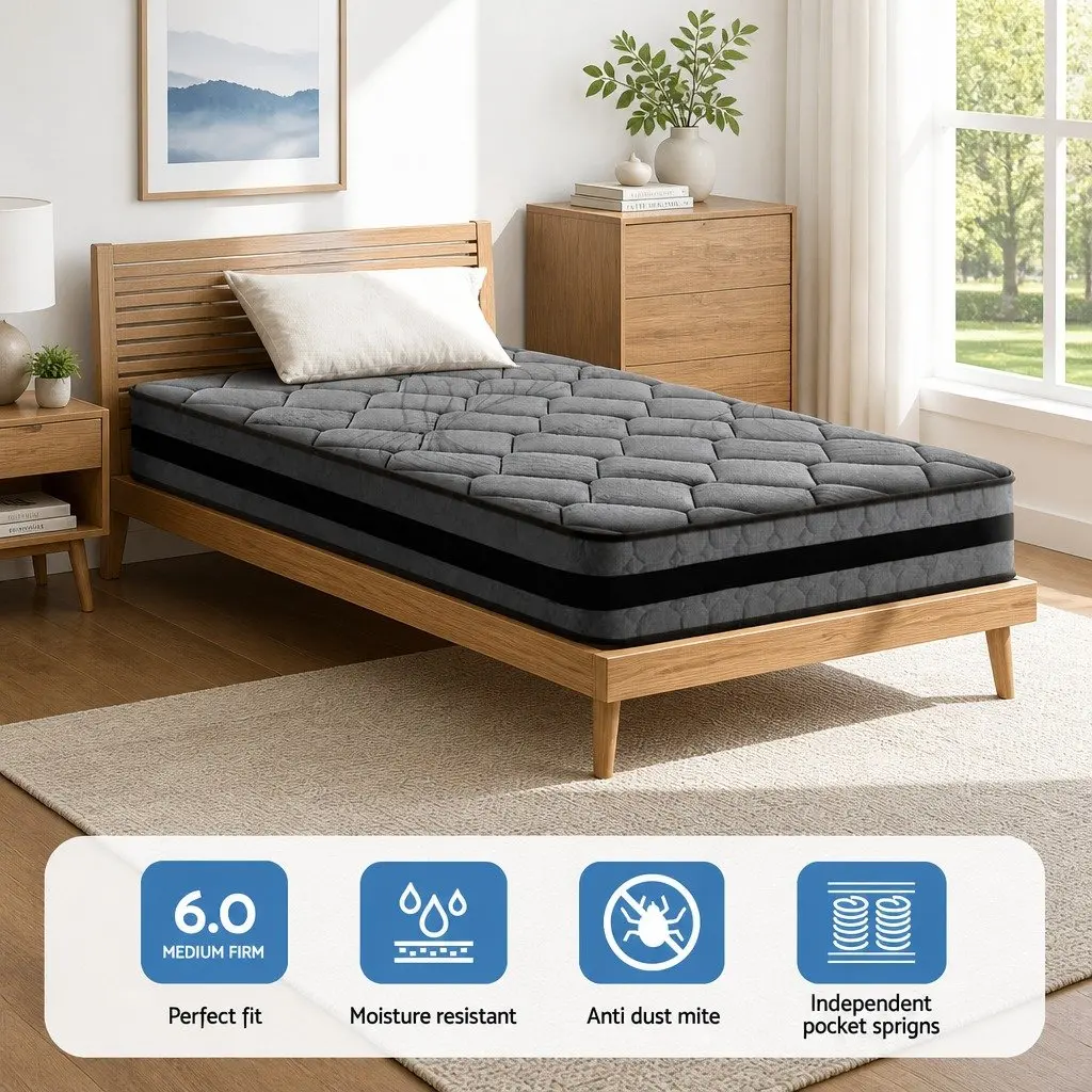 King Single Pocket Spring Mattress 22cm Medium Firm Breathable Hypoallergenic