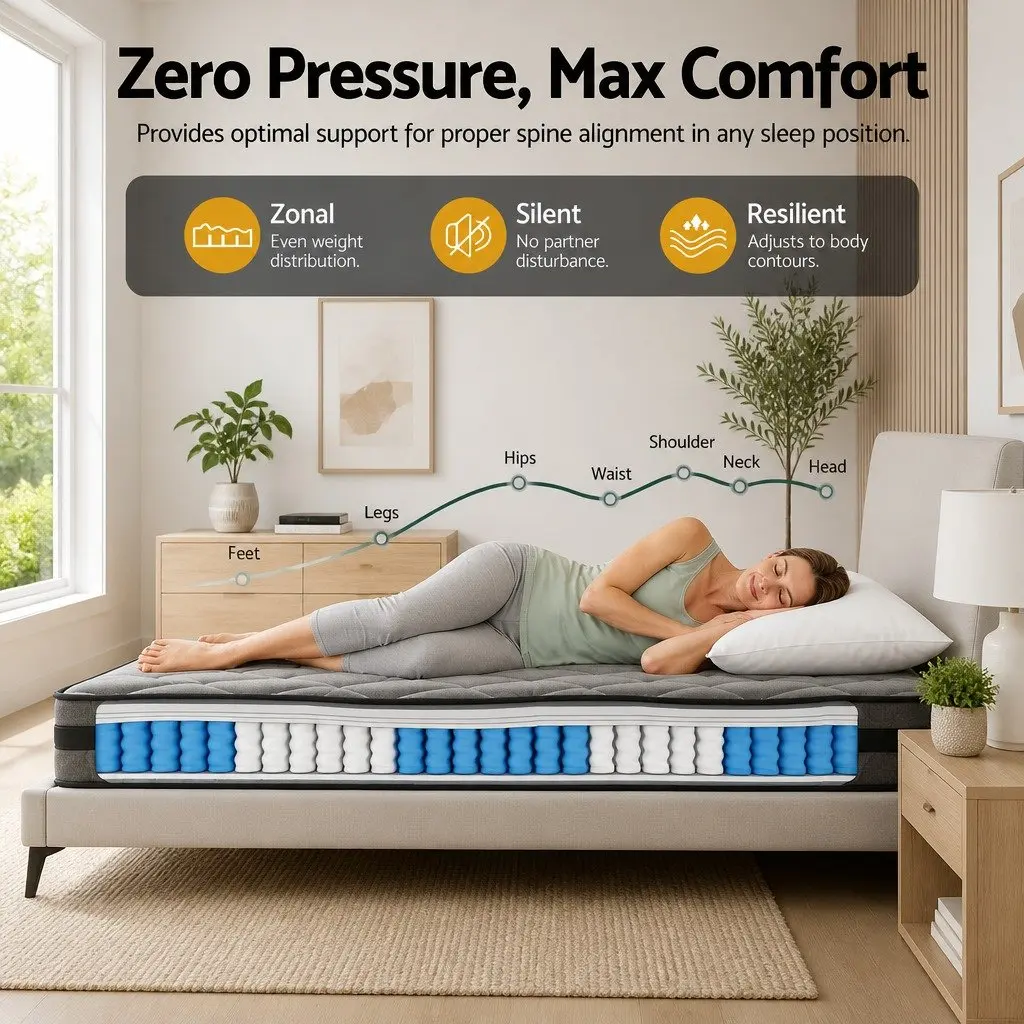 King Single Pocket Spring Mattress 22cm Medium Firm Breathable Hypoallergenic