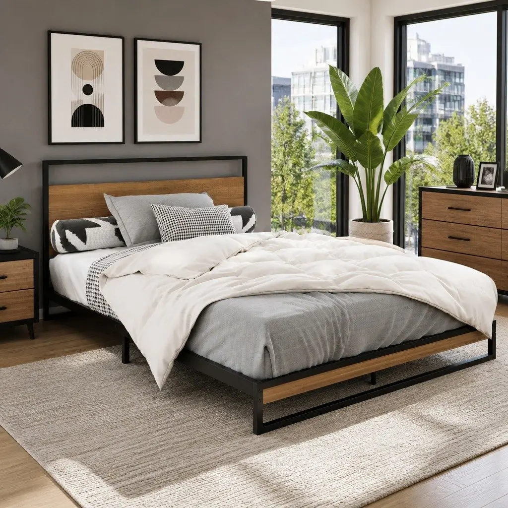 Double Metal Bed Frame Industrial Design Sturdy Steel MDF Black Bedroom