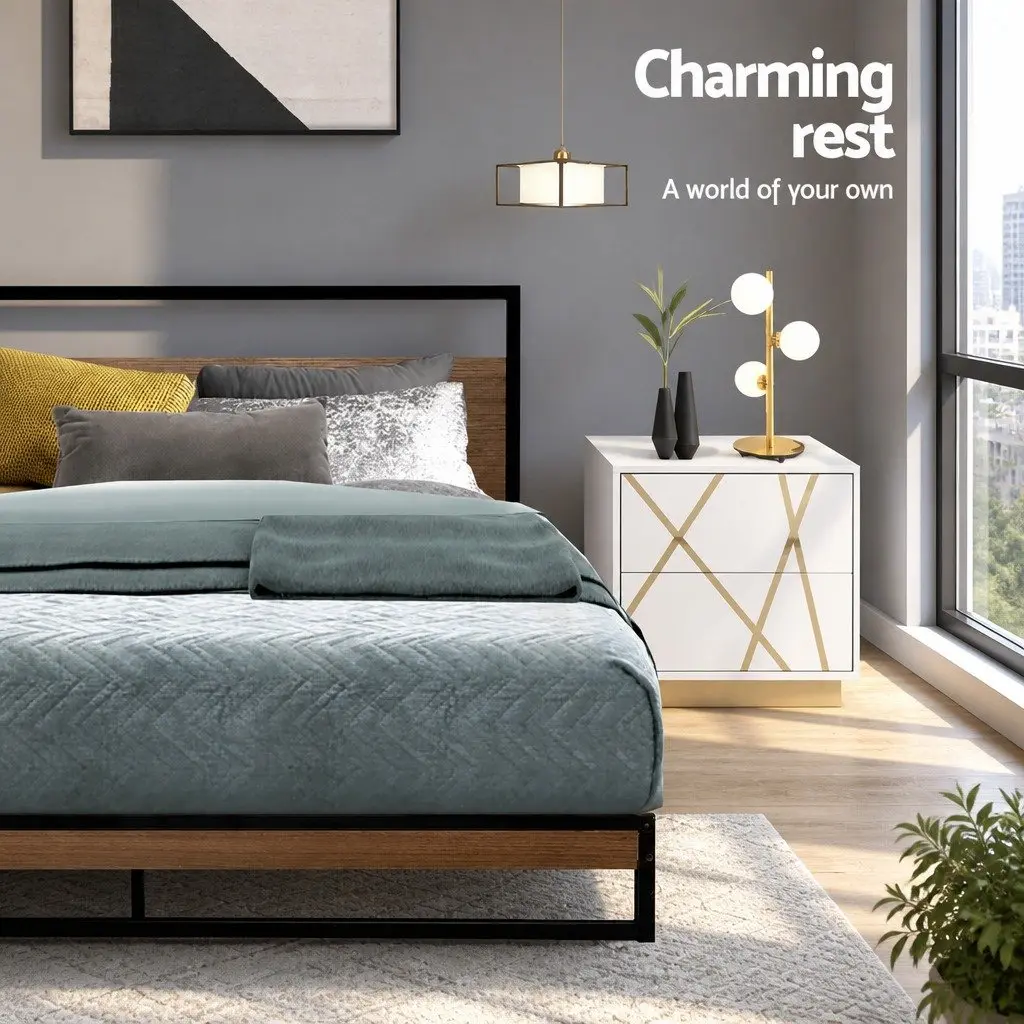 Double Metal Bed Frame Industrial Design Sturdy Steel MDF Black Bedroom