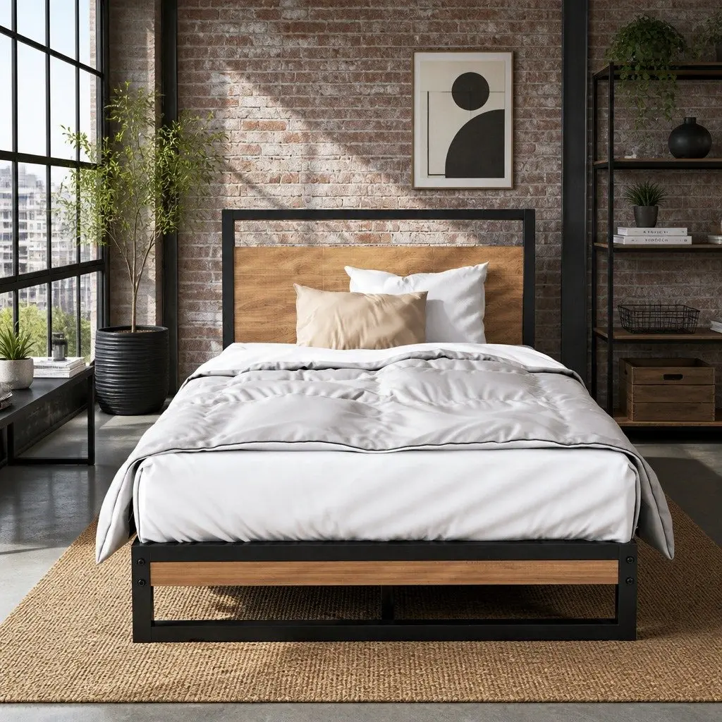 King Single Metal and Wood Bed Frame