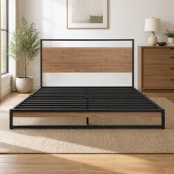 Queen Size Bed Frame Black Metal Wood Industrial Bedroom Furniture Sturdy Steel
