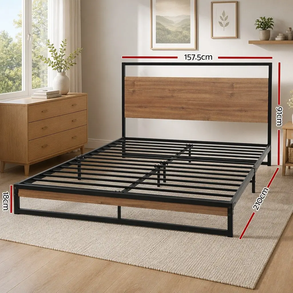 Queen Size Bed Frame Black Metal Wood Industrial Bedroom Furniture