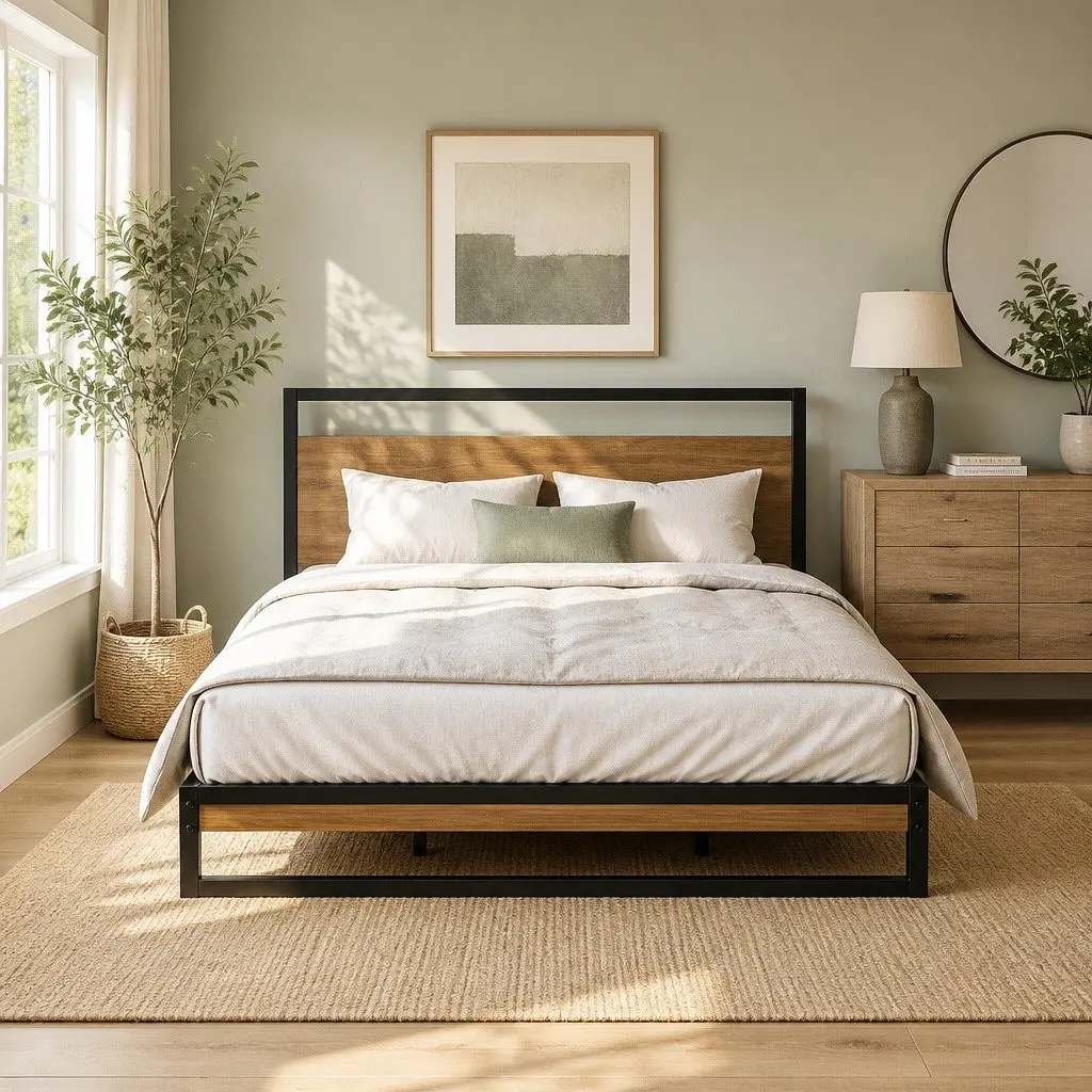 Queen Size Bed Frame Black Metal Wood Industrial Bedroom Furniture