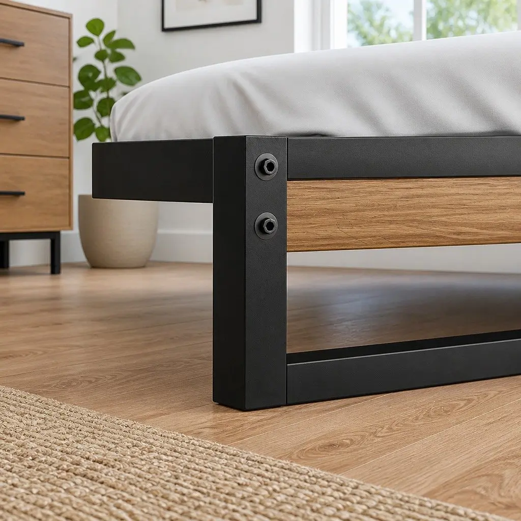 Queen Size Bed Frame Black Metal Wood Industrial Bedroom Furniture