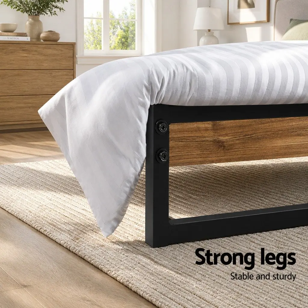 Queen Size Bed Frame Black Metal Wood Industrial Bedroom Furniture