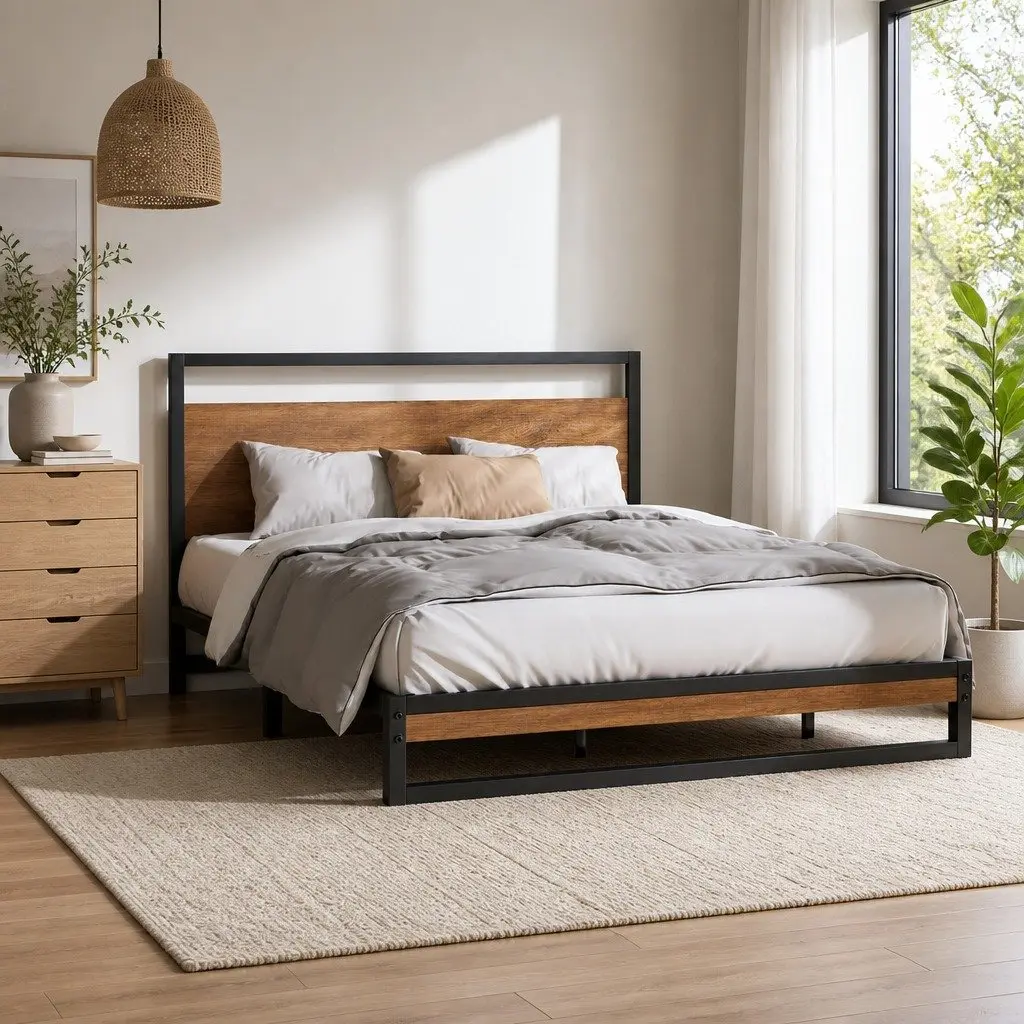 Queen Size Bed Frame Black Metal Wood Industrial Bedroom Furniture