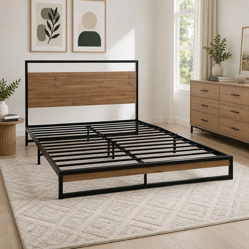 Queen Size Bed Frame Black Metal Wood Industrial Bedroom Furniture