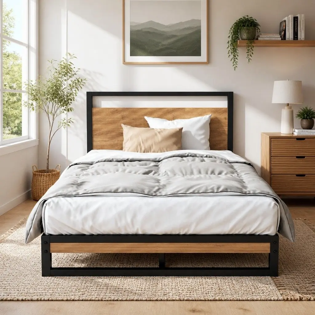 Single Metal Bed Frame Industrial Design Steel MDF Black Bedroom Furniture