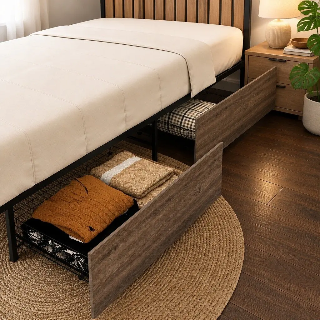 Metal Bed Storage Trundle Drawers Under Bed Bedroom Organiser 94.5cm L x 50cm W x 29.5cm H Walnut Black Set of 2