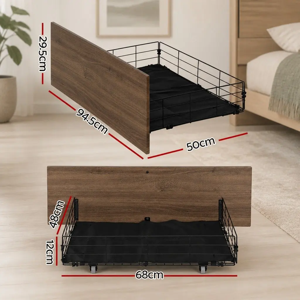 Metal Bed Storage Trundle Drawers Under Bed Bedroom Organiser 94.5cm L x 50cm W x 29.5cm H Walnut Black Set of 2