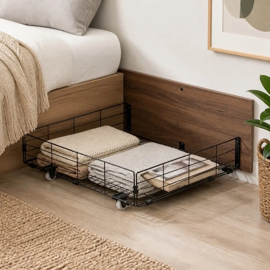 Metal Bed Storage Trundle Drawers Under Bed Bedroom Organiser 94.5cm L x 50cm W x 29.5cm H Walnut Black Set of 2