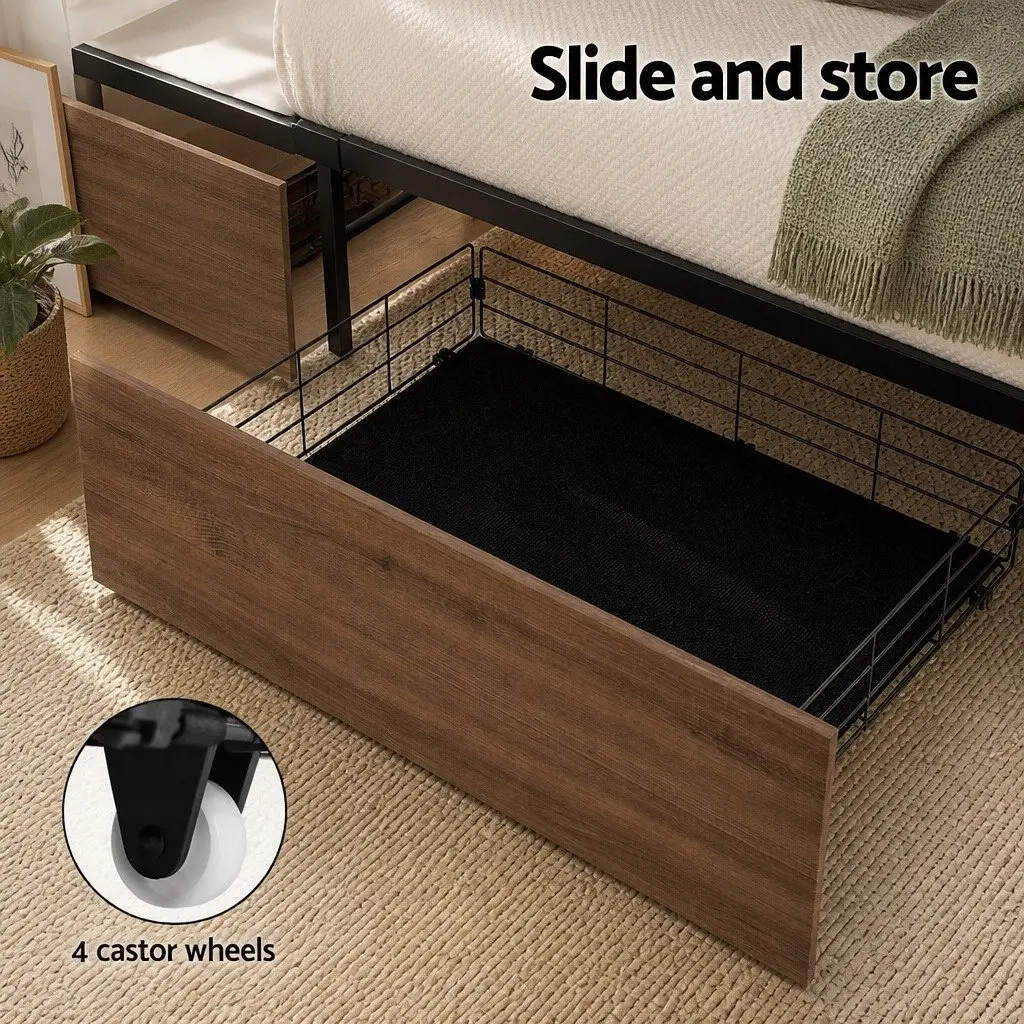 Metal Bed Storage Trundle Drawers Under Bed Bedroom Organiser 94.5cm L x 50cm W x 29.5cm H Walnut Black Set of 2