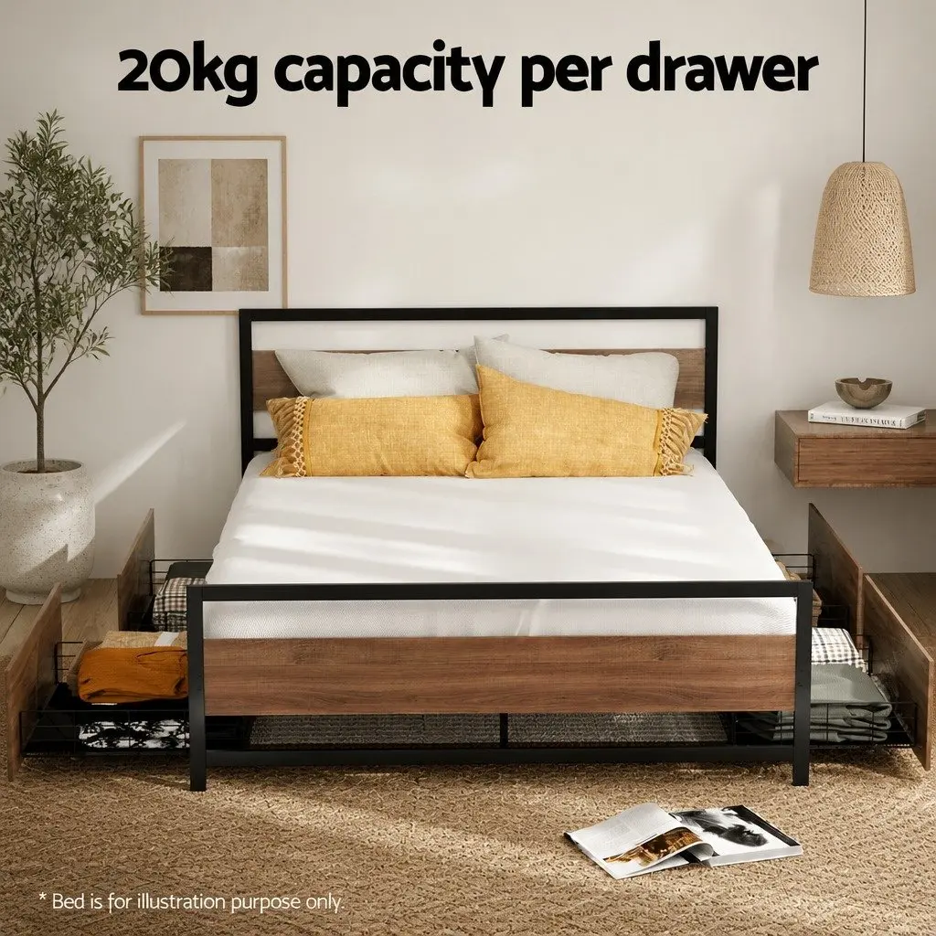 Metal Bed Storage Trundle Drawers Under Bed Bedroom Organiser 94.5cm L x 50cm W x 29.5cm H Walnut Black Set of 2