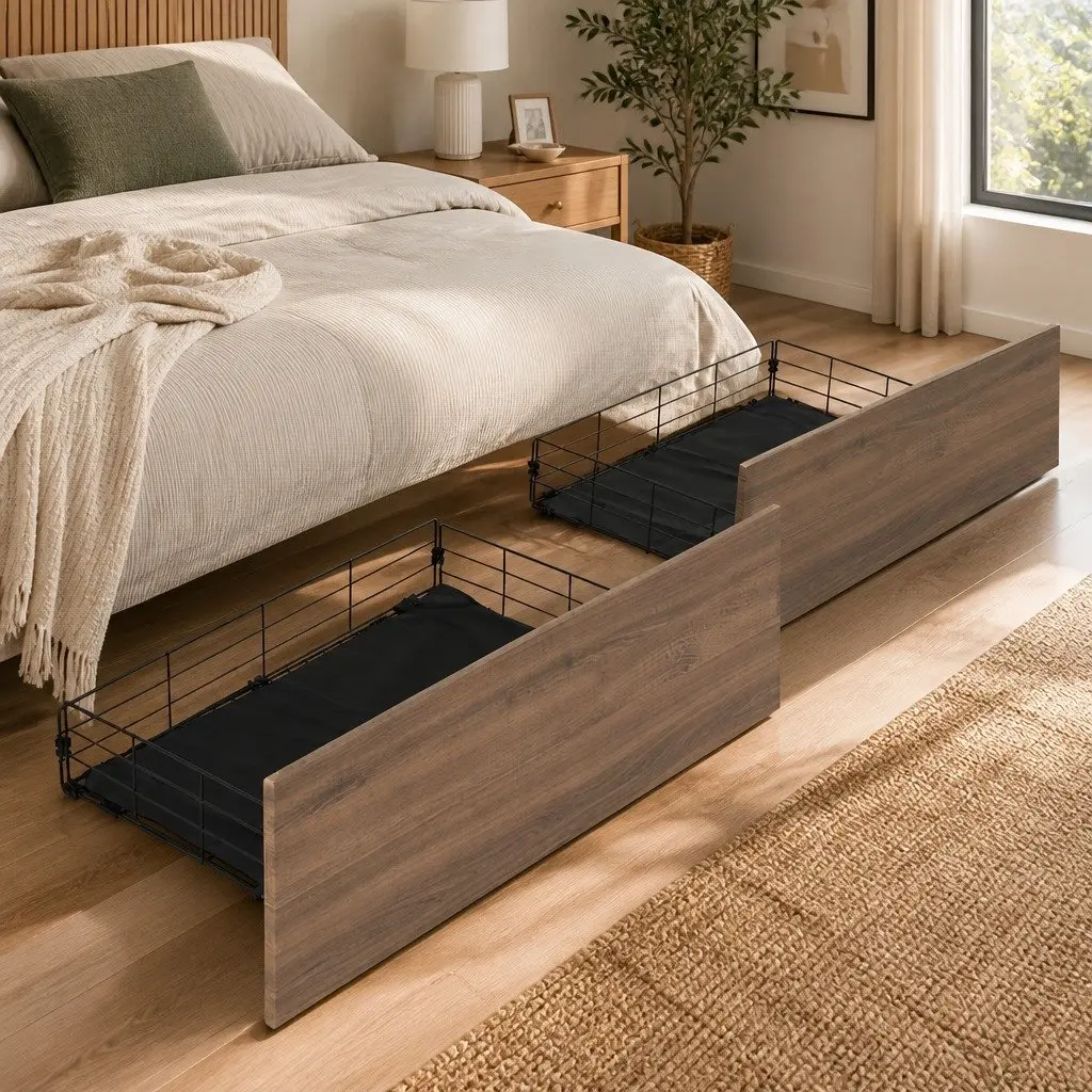 Metal Bed Storage Trundle Drawers Under Bed Bedroom Organiser 94.5cm L x 50cm W x 29.5cm H Walnut Black Set of 2