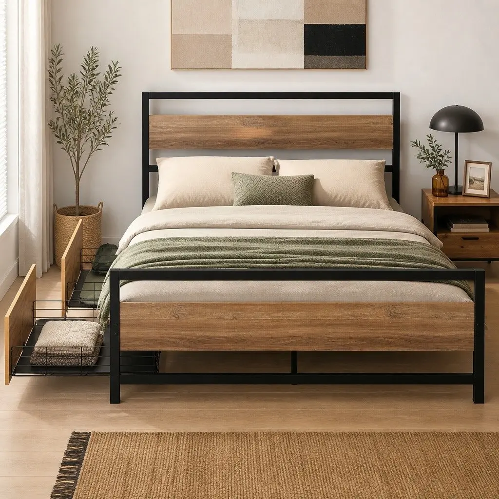Double Bed Frame Metal with Storage Drawers Industrial Bedroom Furniture Black