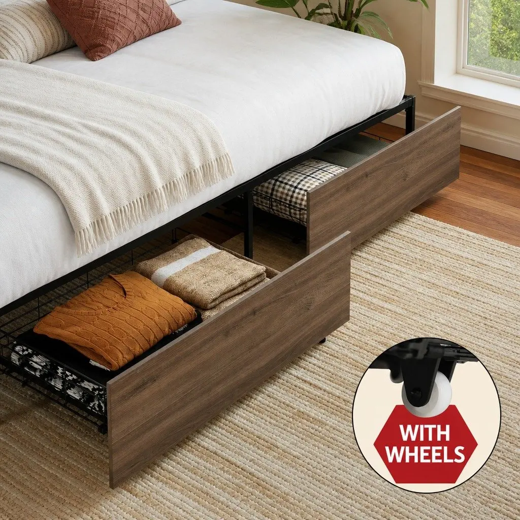 Double Bed Frame Metal with Storage Drawers Industrial Bedroom Furniture Black