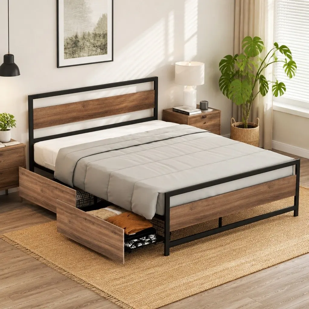 Queen Size Metal Bed Frame with Storage