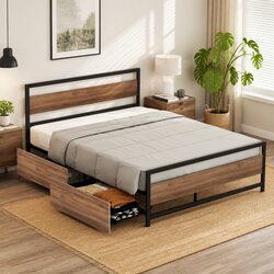 Queen Size Bed Frame Metal Industrial Style with Storage Drawers and Castor