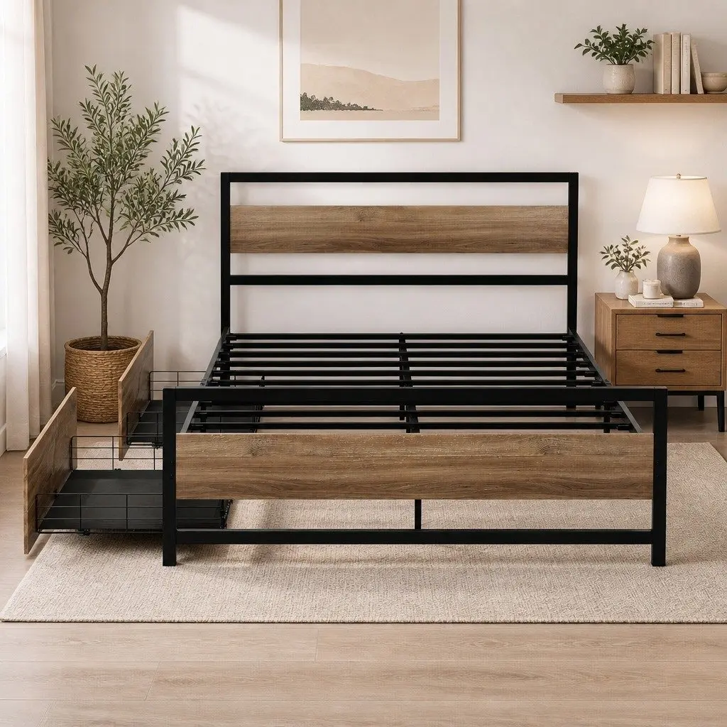 Queen Size Metal Bed Frame with Storage