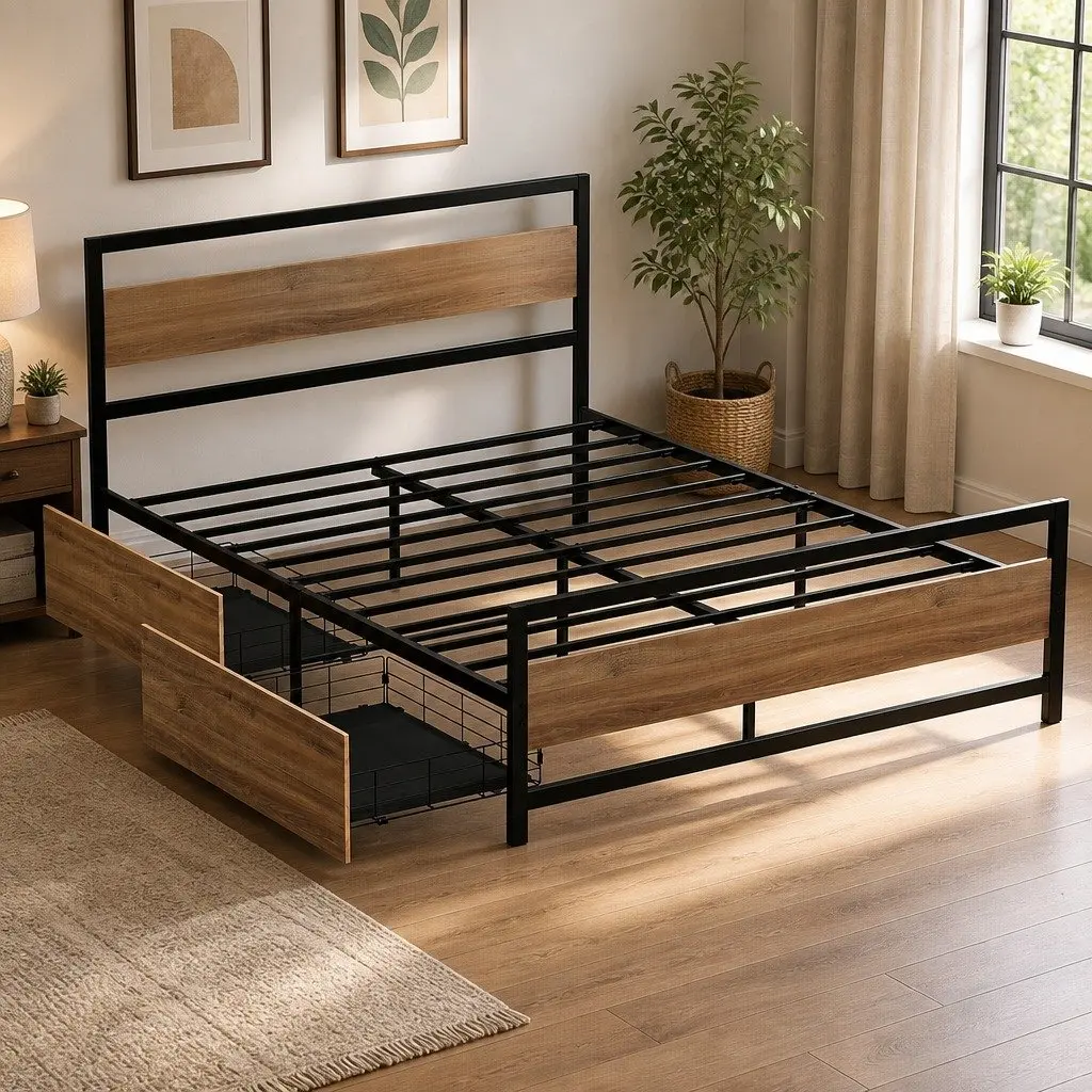 Queen Size Metal Bed Frame with Storage