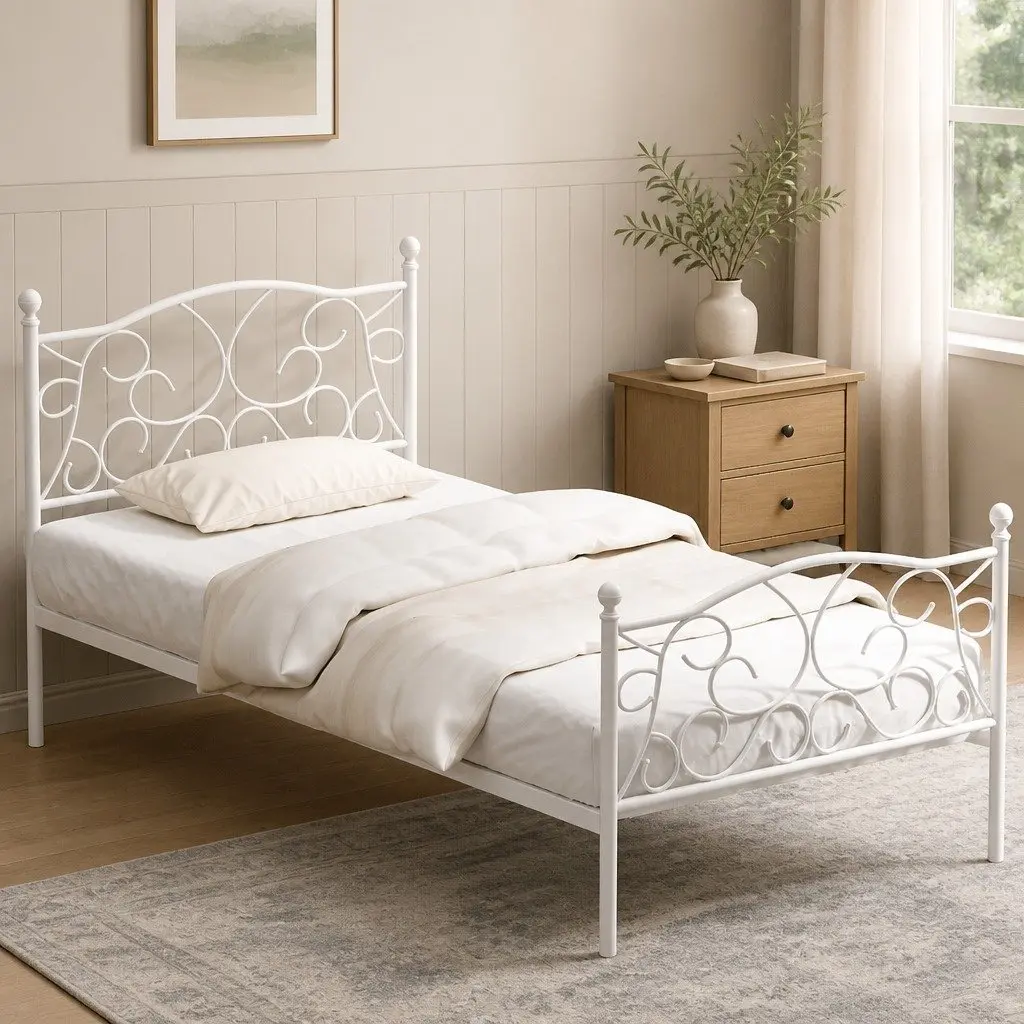 Single Bed Frame White Metal Platform Bedroom 192 x 94 x 93 cm