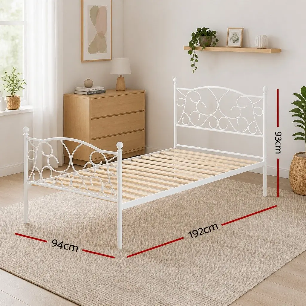 Single Bed Frame White Metal Platform Bedroom 192 x 94 x 93 cm