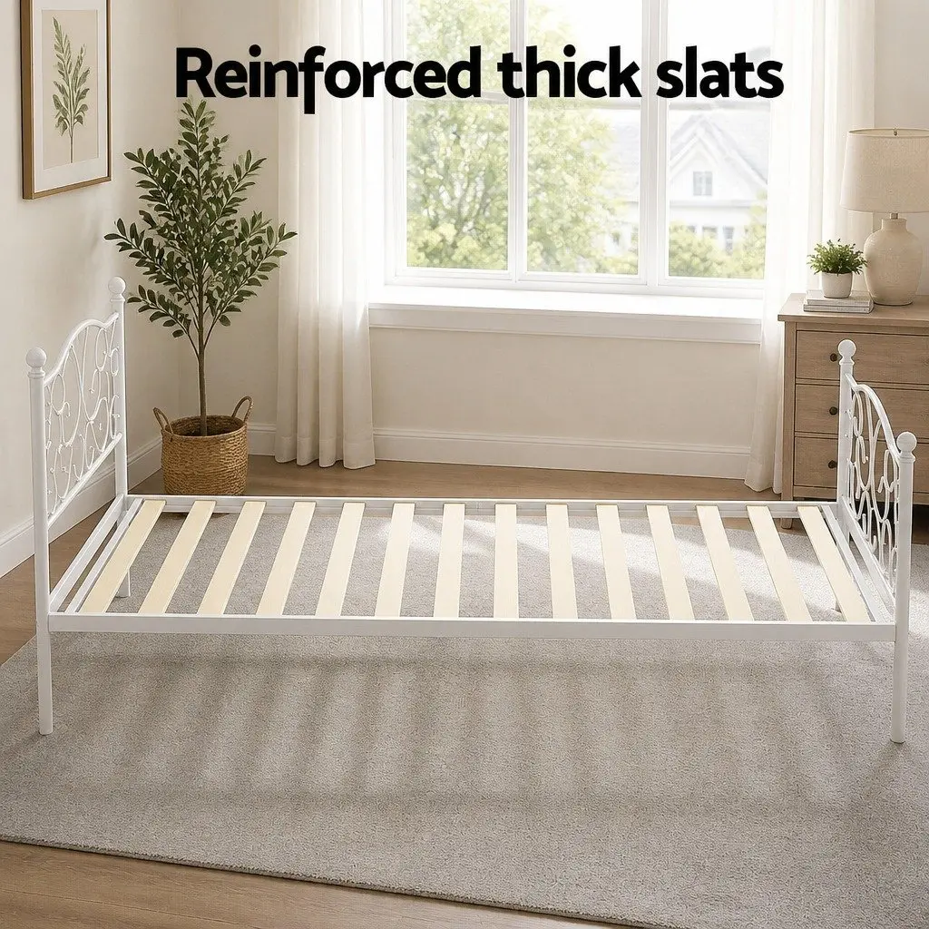 Single Bed Frame White Metal Platform Bedroom 192 x 94 x 93 cm