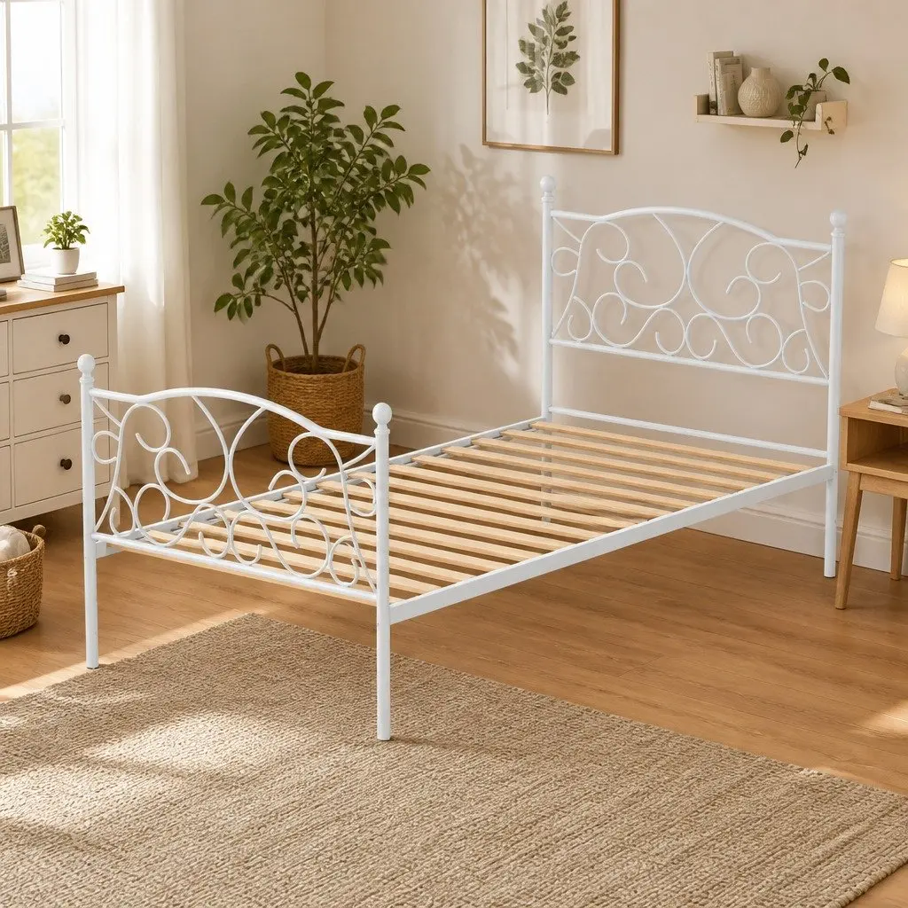 Single Bed Frame White Metal Platform Bedroom 192 x 94 x 93 cm
