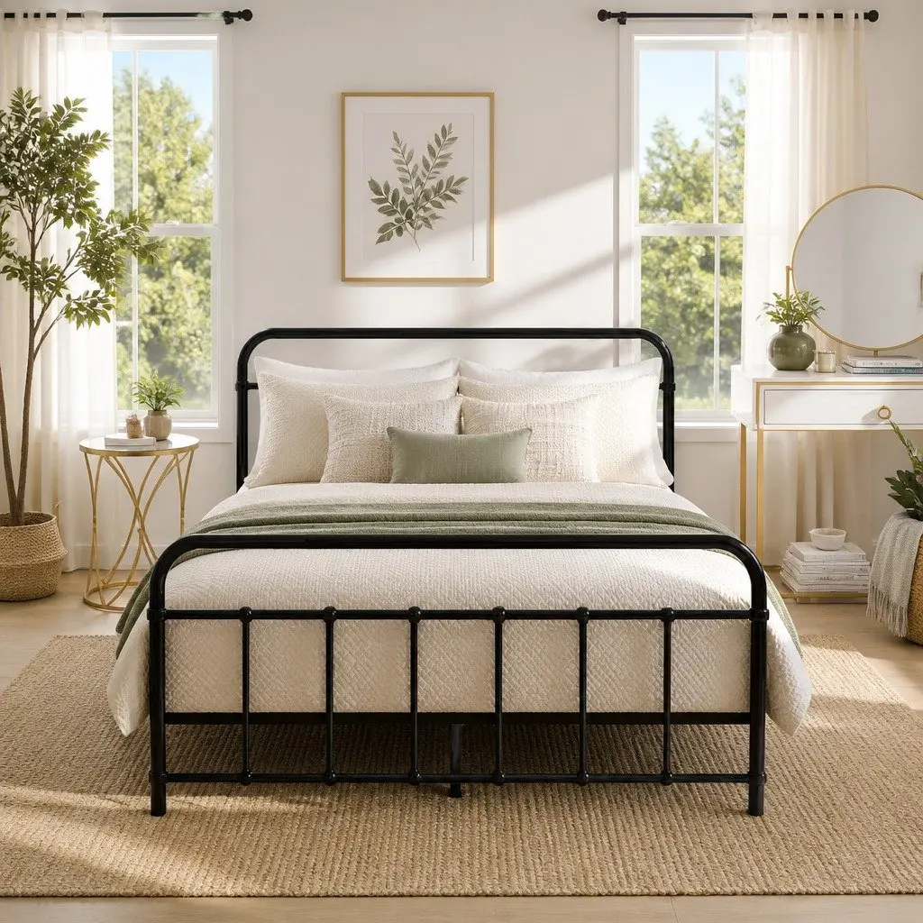 Double Metal Bed Frame Country Style for Bedroom Black Standard Double Size