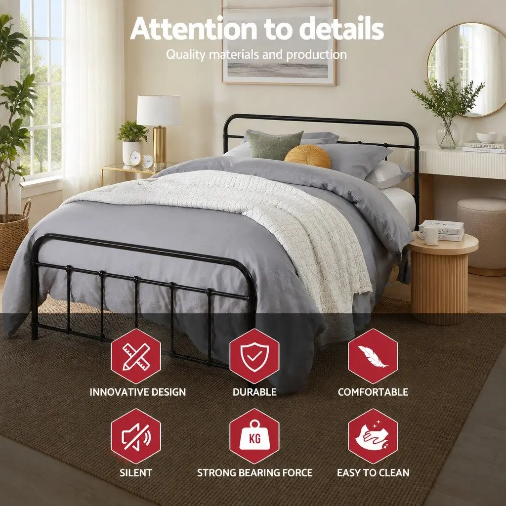 Double Metal Bed Frame Country Style for Bedroom Black Standard Double Size