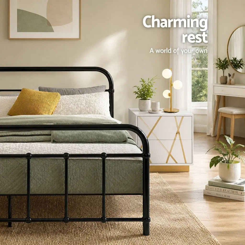 Double Metal Bed Frame Country Style for Bedroom Black Standard Double Size
