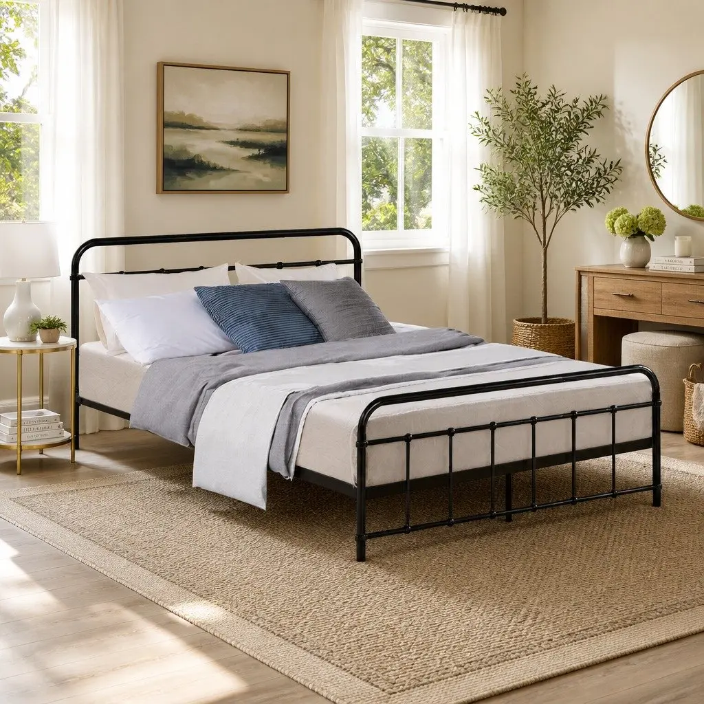 Double Metal Bed Frame Country Style for Bedroom Black Standard Double Size