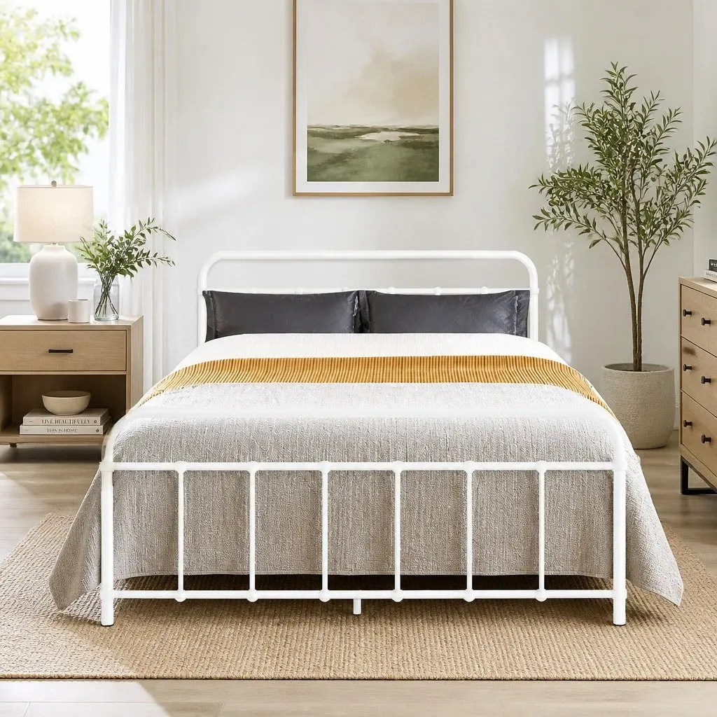 Double Metal Bed Frame Country Style Bedroom Furniture White Steel Slat Base
