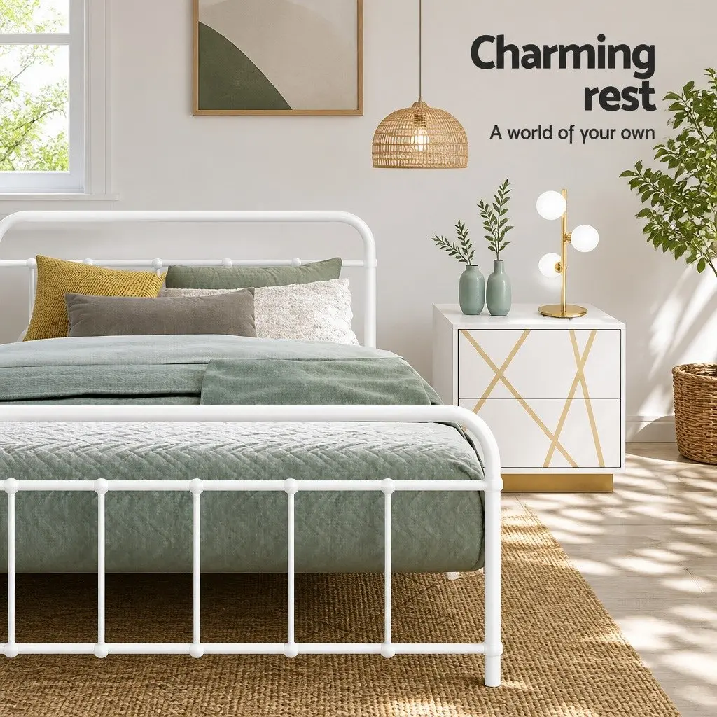 Double Metal Bed Frame Country Style Bedroom Furniture White Steel Slat Base