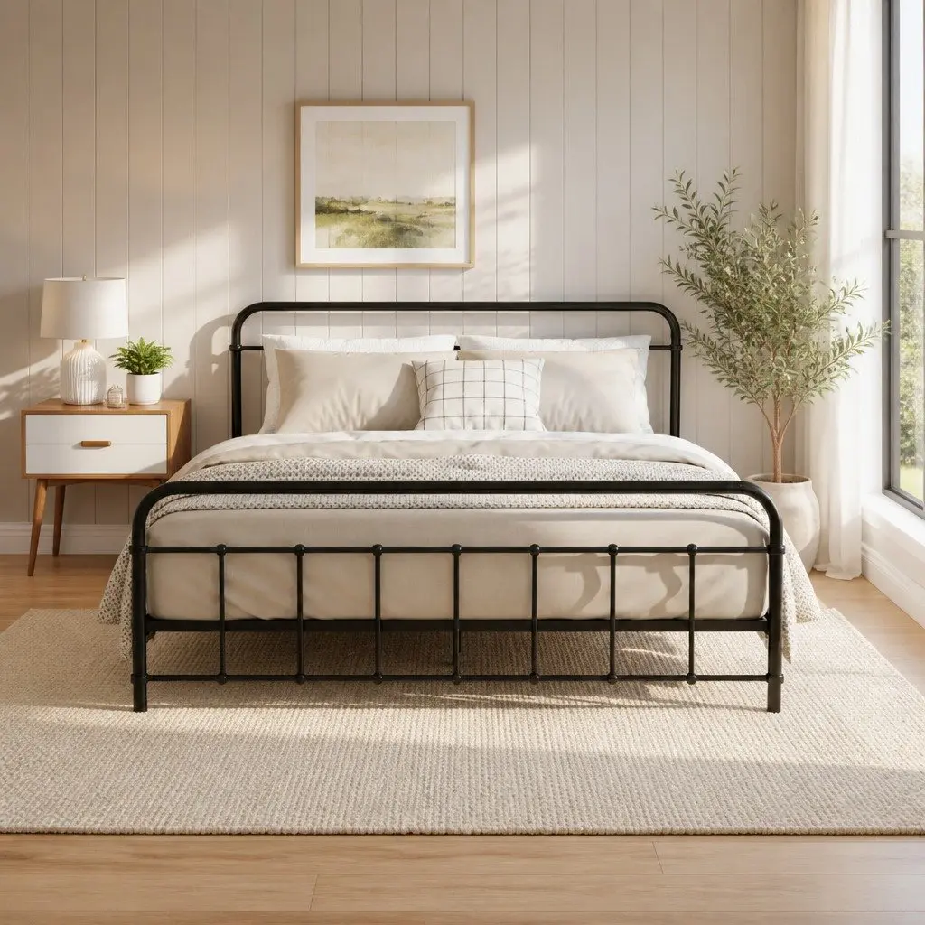 Metal Bed Frame Queen Bedroom Powder-Coated Steel Country Style Black