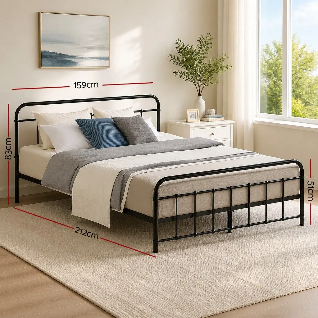 Metal Bed Frame Queen Bedroom Powder-Coated Steel Country Style Black
