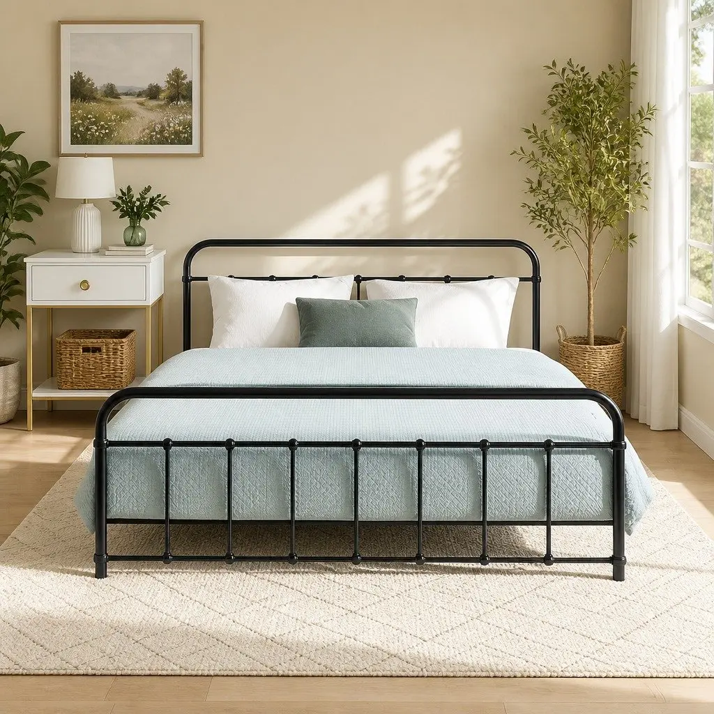 Metal Bed Frame Queen Bedroom Powder-Coated Steel Country Style Black
