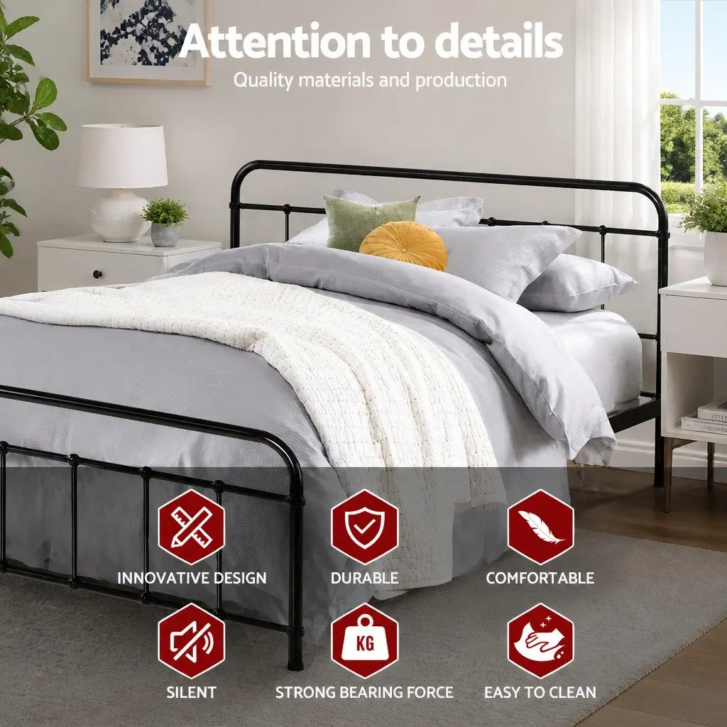 Metal Bed Frame Queen Bedroom Powder-Coated Steel Country Style Black