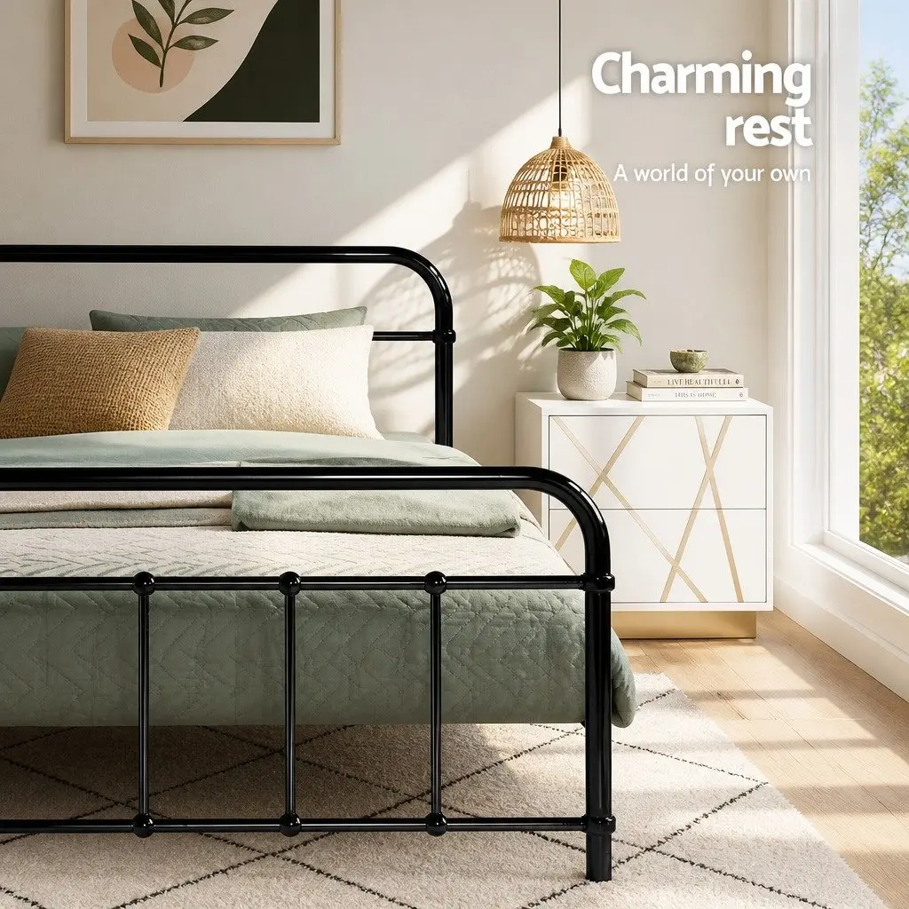 Metal Bed Frame Queen Bedroom Powder-Coated Steel Country Style Black