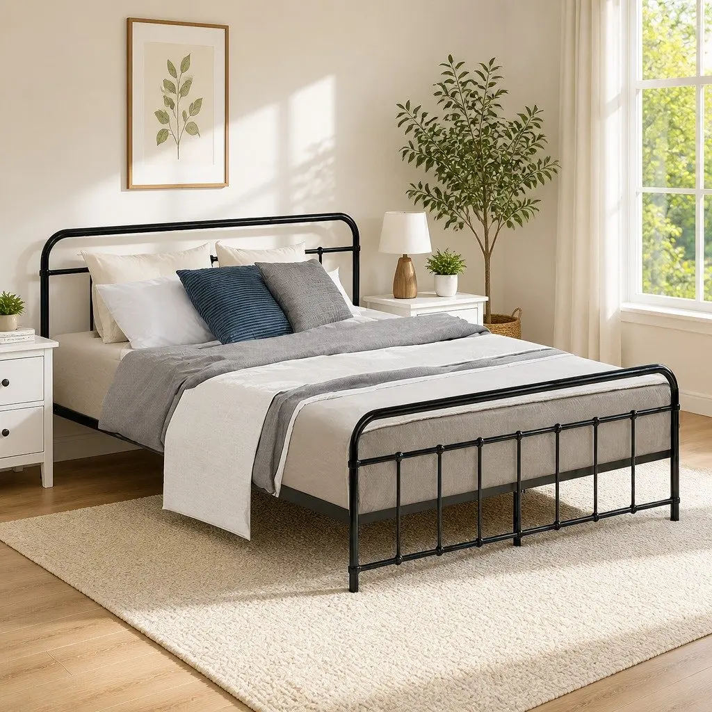 Metal Bed Frame Queen Bedroom Powder-Coated Steel Country Style Black