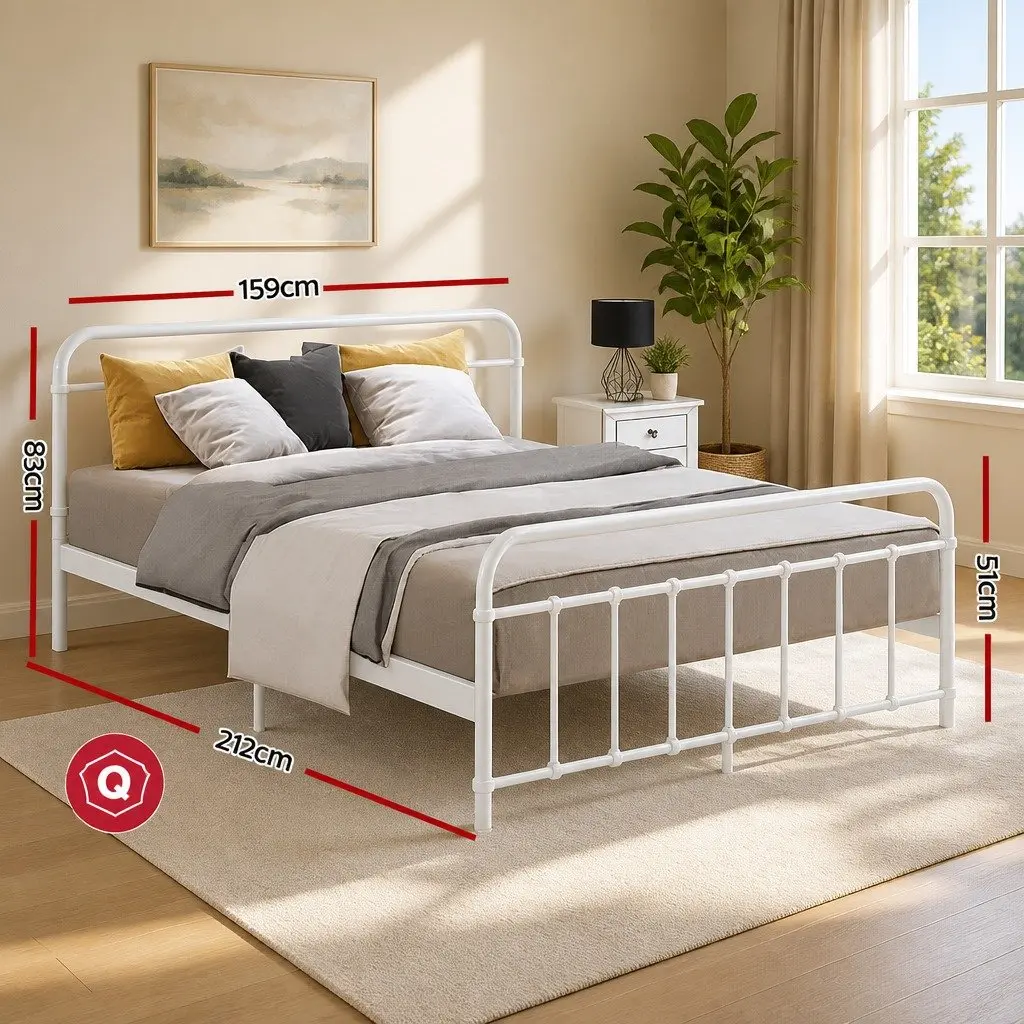 Queen Metal Bed Frame Country Style White Steel Slat Support Storage Underneath