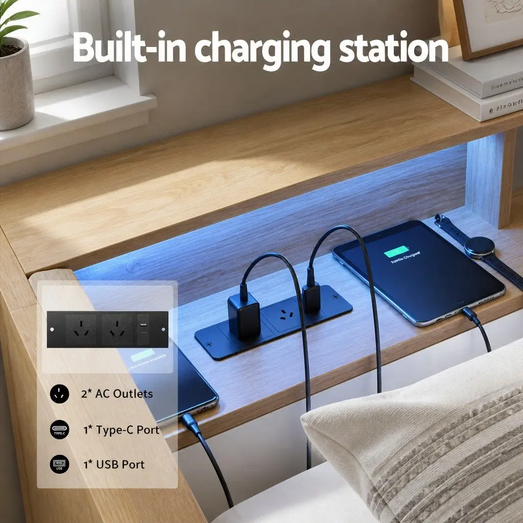 Single Bed Frame with Storage Drawers Charging Station Metal Base Bedroom
