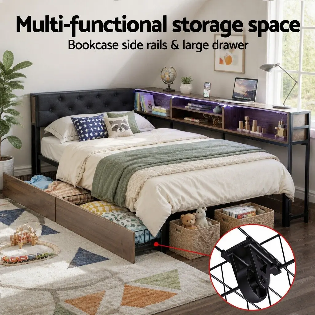 Single Bed Frame with Storage Drawers Charging Station Metal Base Bedroom