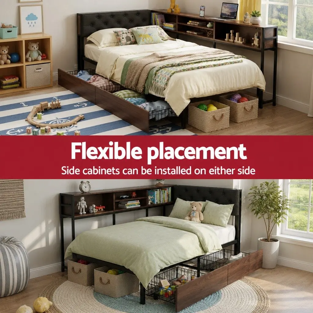 Single Bed Frame with Storage Drawers Charging Station Metal Base Bedroom
