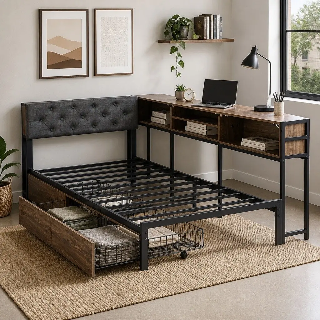Single Bed Frame with Storage Drawers Charging Station Metal Base Bedroom