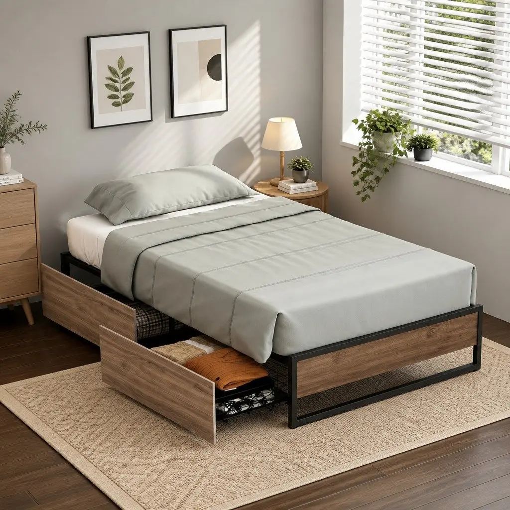 King Single Metal Bed Frame with Drawers